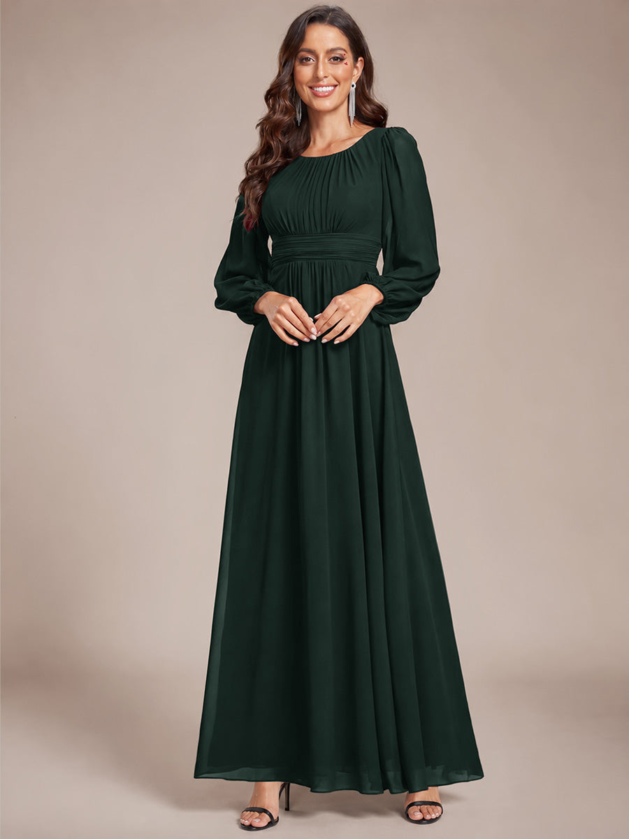 Color=Dark Forest Green | Round Neck Wholesale Bridesmaid Dresses with Long Lantern Sleeves - Dark Forest Green 5