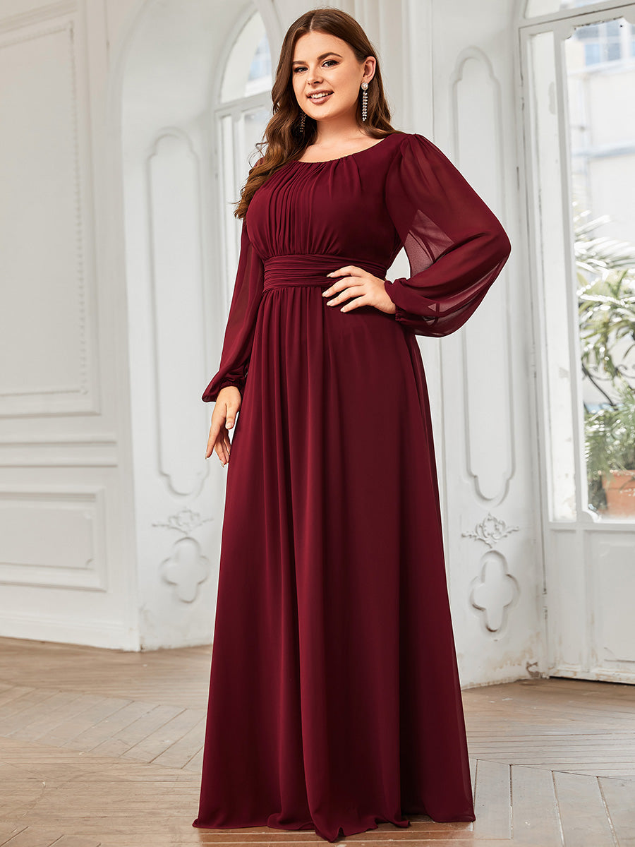 Color=Burgundy |Custom Round Neck Wholesale Bridesmaid Dresses with Long Lantern Sleeves-Burgundy 1