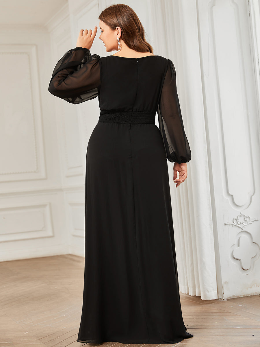 Color=Black | Round Neck Wholesale Bridesmaid Dresses with Long Lantern Sleeves-Black 2