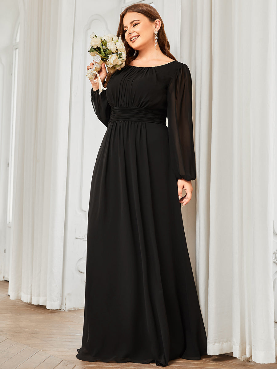 Color=Black | Round Neck Wholesale Bridesmaid Dresses with Long Lantern Sleeves-Black 4