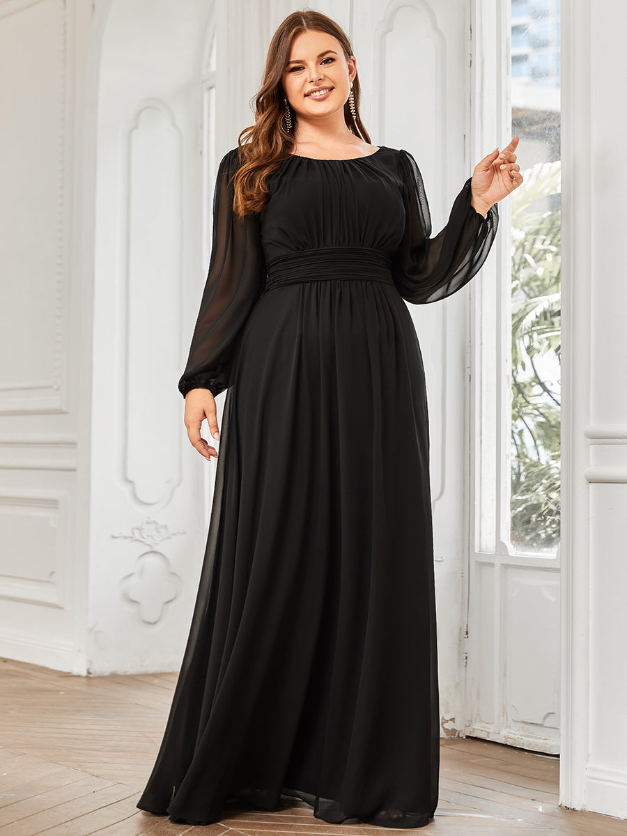 Color=Black | Custom Round Neck Wholesale Bridesmaid Dresses with Long Lantern Sleeves-Burgundy 2