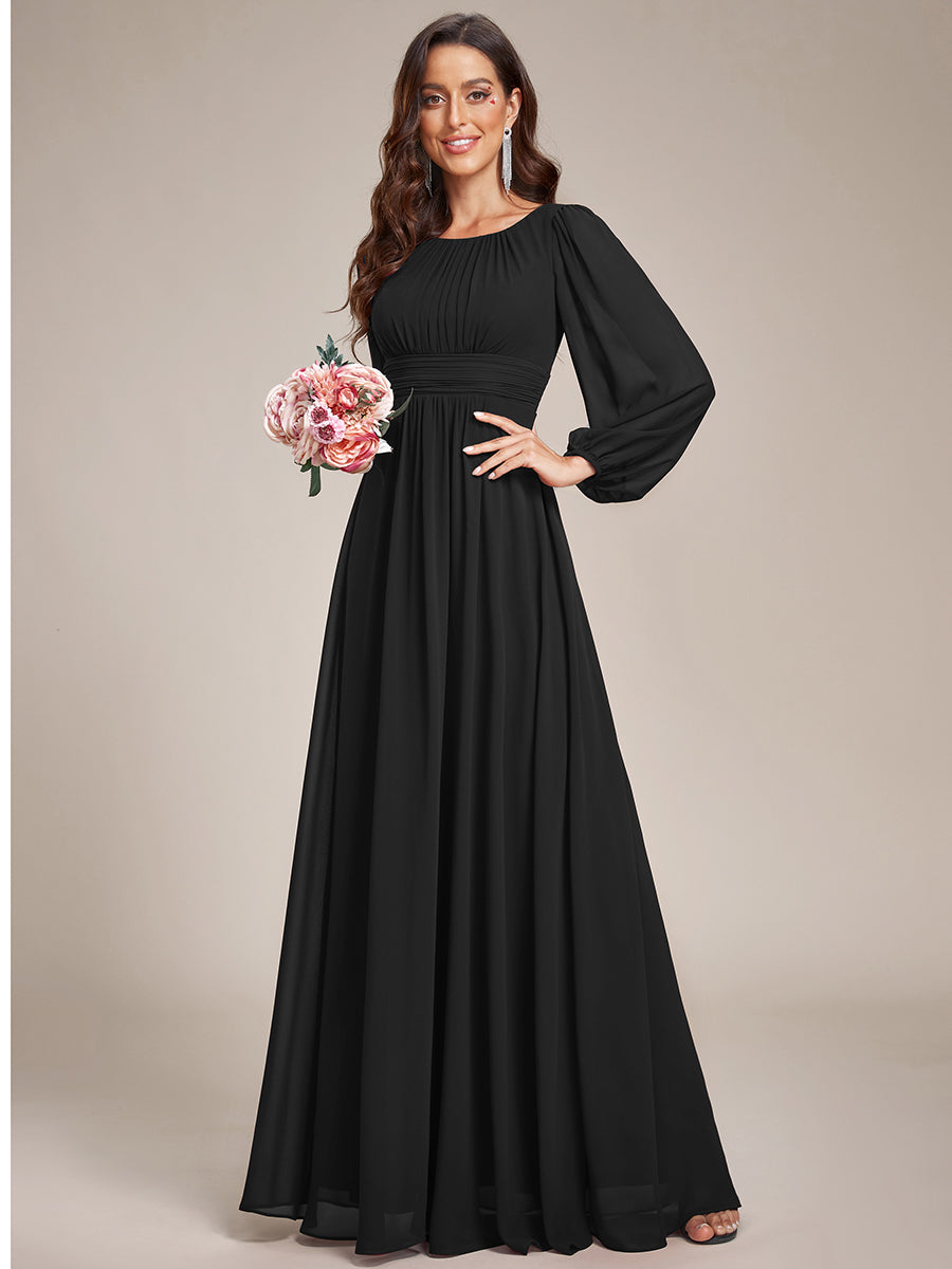 Color=Black | Round Neck Wholesale Bridesmaid Dresses with Long Lantern Sleeves-Black 2
