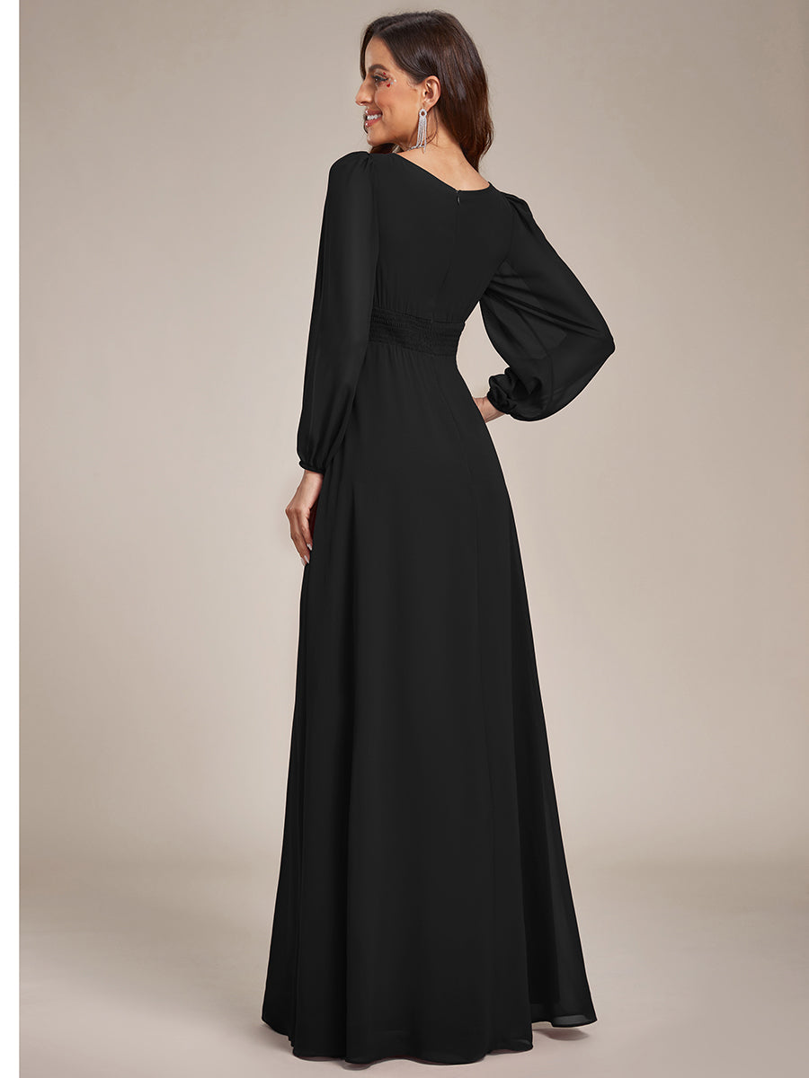 Color=Black | Round Neck Wholesale Bridesmaid Dresses with Long Lantern Sleeves-Black 3