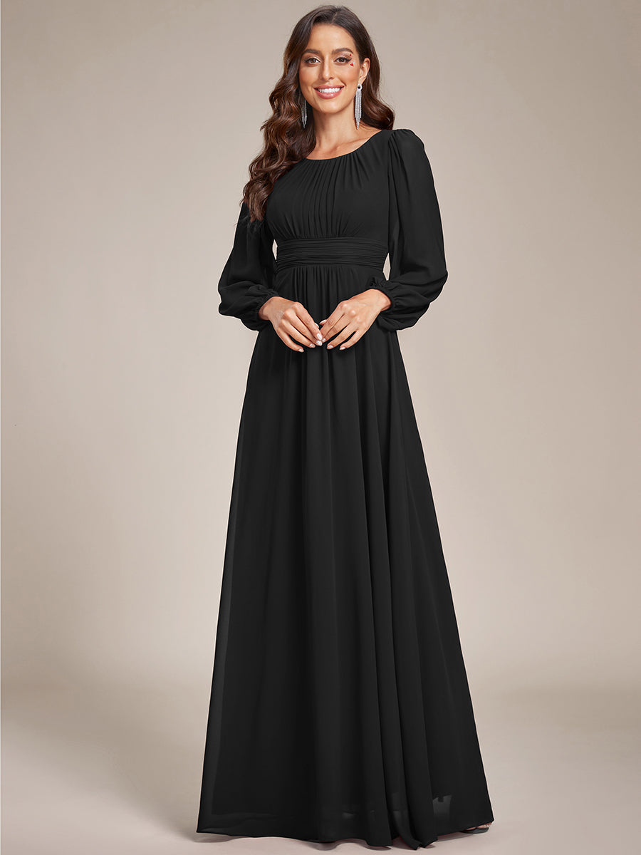 Color=Black | Round Neck Wholesale Bridesmaid Dresses with Long Lantern Sleeves-Black 1