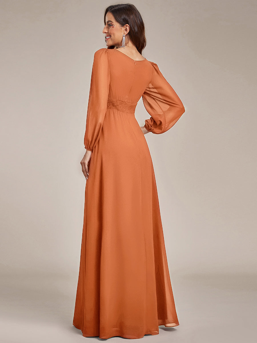 Color=Brandied Melon | Wholesale Long Sleeve Pleated Ruched A-Line Floor Length Bridesmaid Dresses-Brandied Melon 2