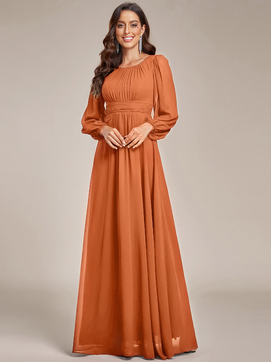 Color=Brandied Melon | Wholesale Long Sleeve Pleated Ruched A-Line Floor Length Bridesmaid Dresses-Brandied Melon 1