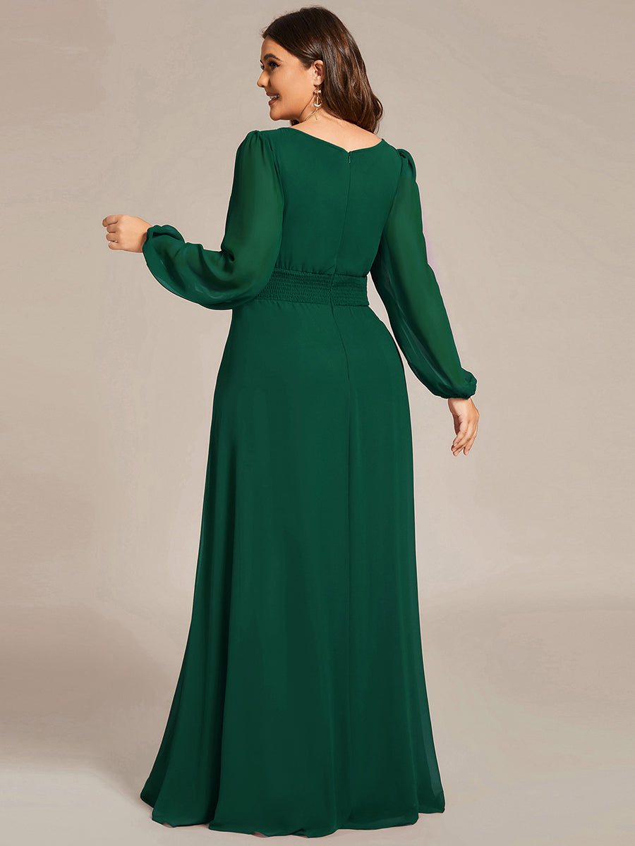 Color=Dark Green | Round Neck Wholesale Bridesmaid Dresses with Long Lantern Sleeves-Dark Green 3
