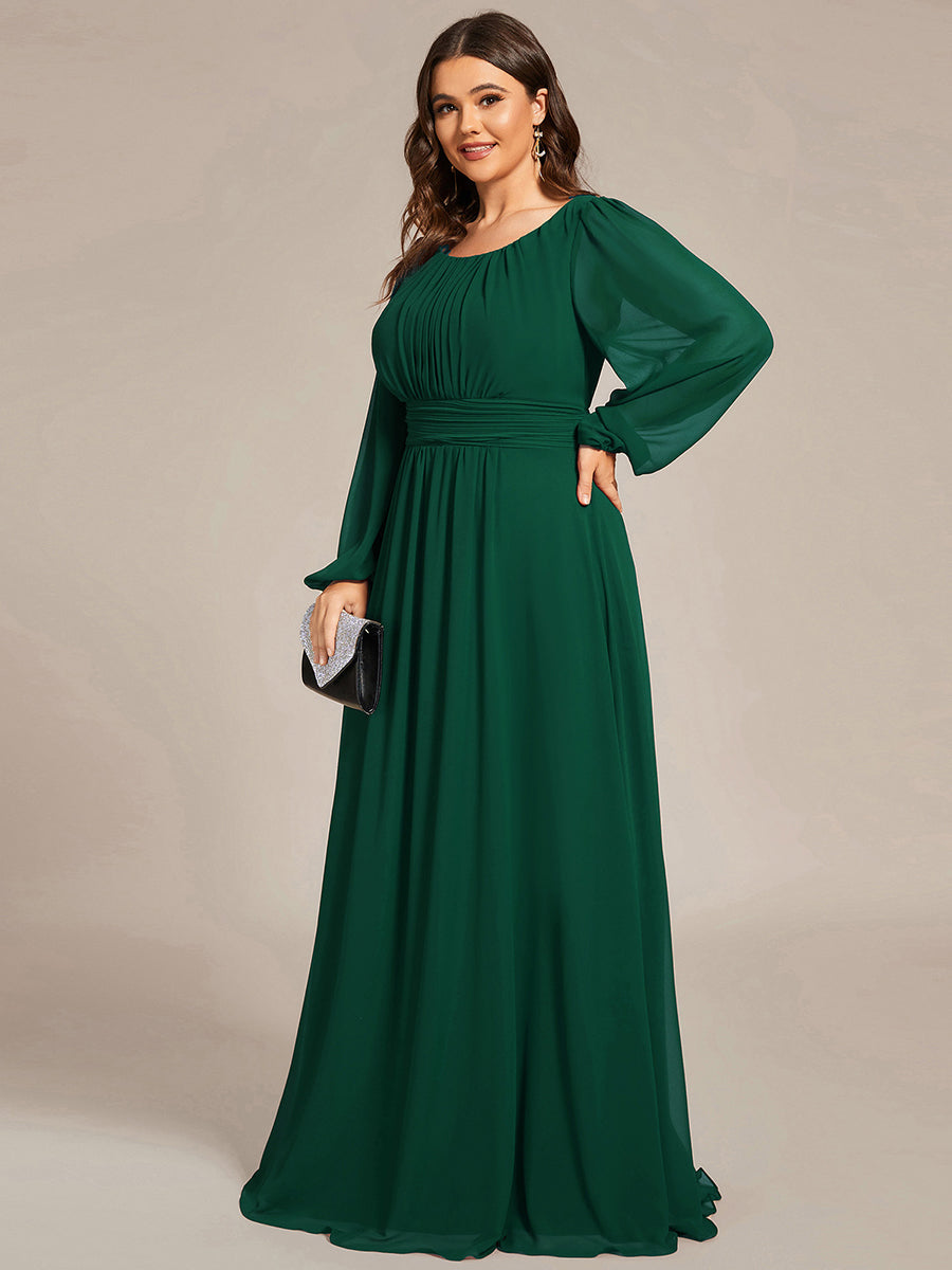 Color=Dark Green | Round Neck Wholesale Bridesmaid Dresses with Long Lantern Sleeves-Dark Green 4