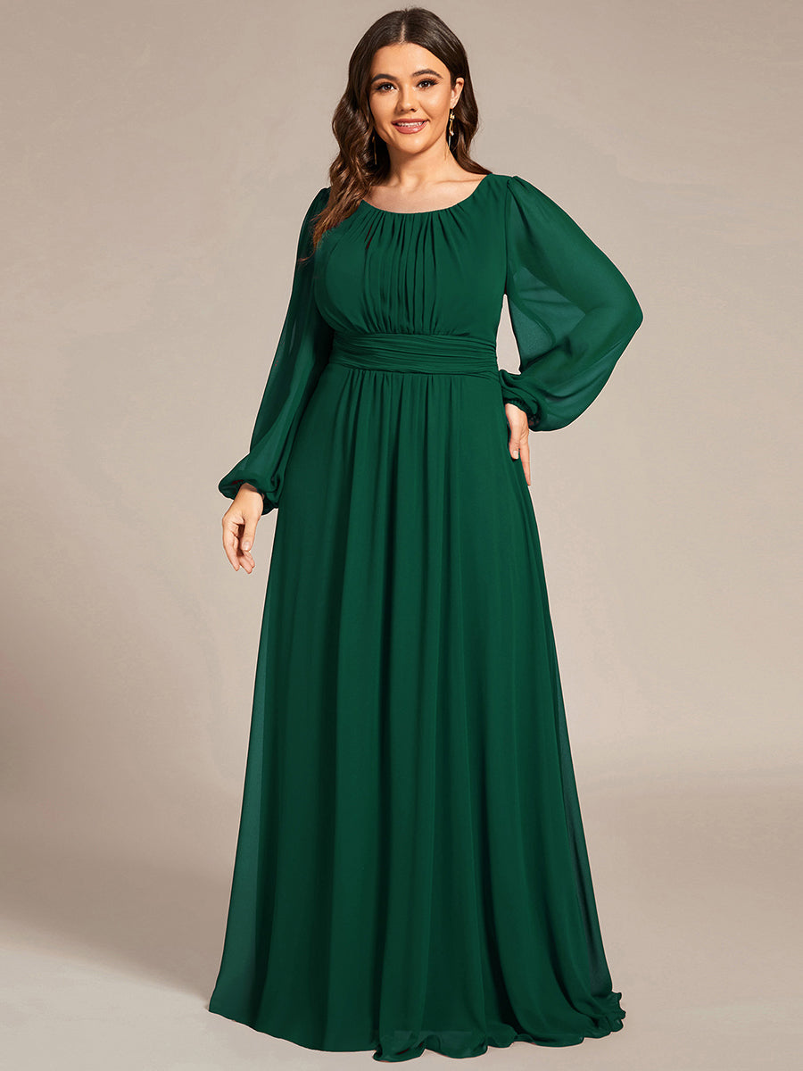 Color=Dark Green | Round Neck Wholesale Bridesmaid Dresses with Long Lantern Sleeves-Dark Green 2