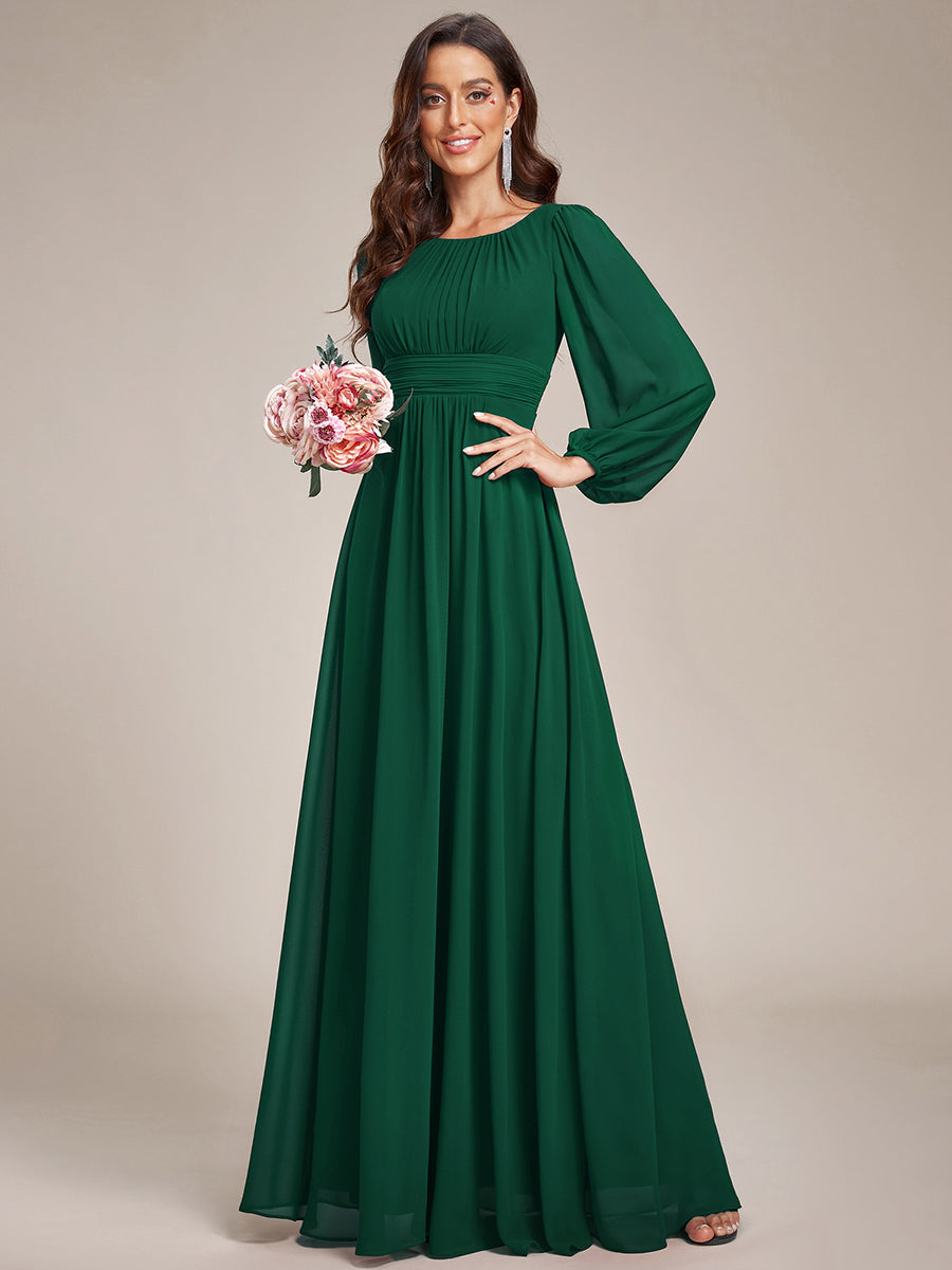 Color=Dark Green | Round Neck Wholesale Bridesmaid Dresses with Long Lantern Sleeves-Dark Green 5
