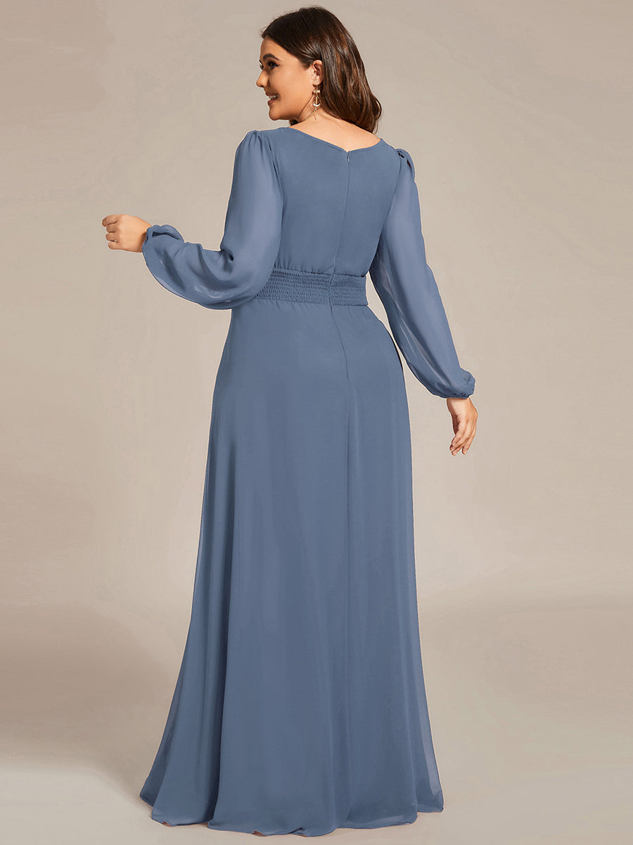 Color=Dusty Navy | Round Neck Wholesale Bridesmaid Dresses with Long Lantern Sleeves-Dusty Navy 3