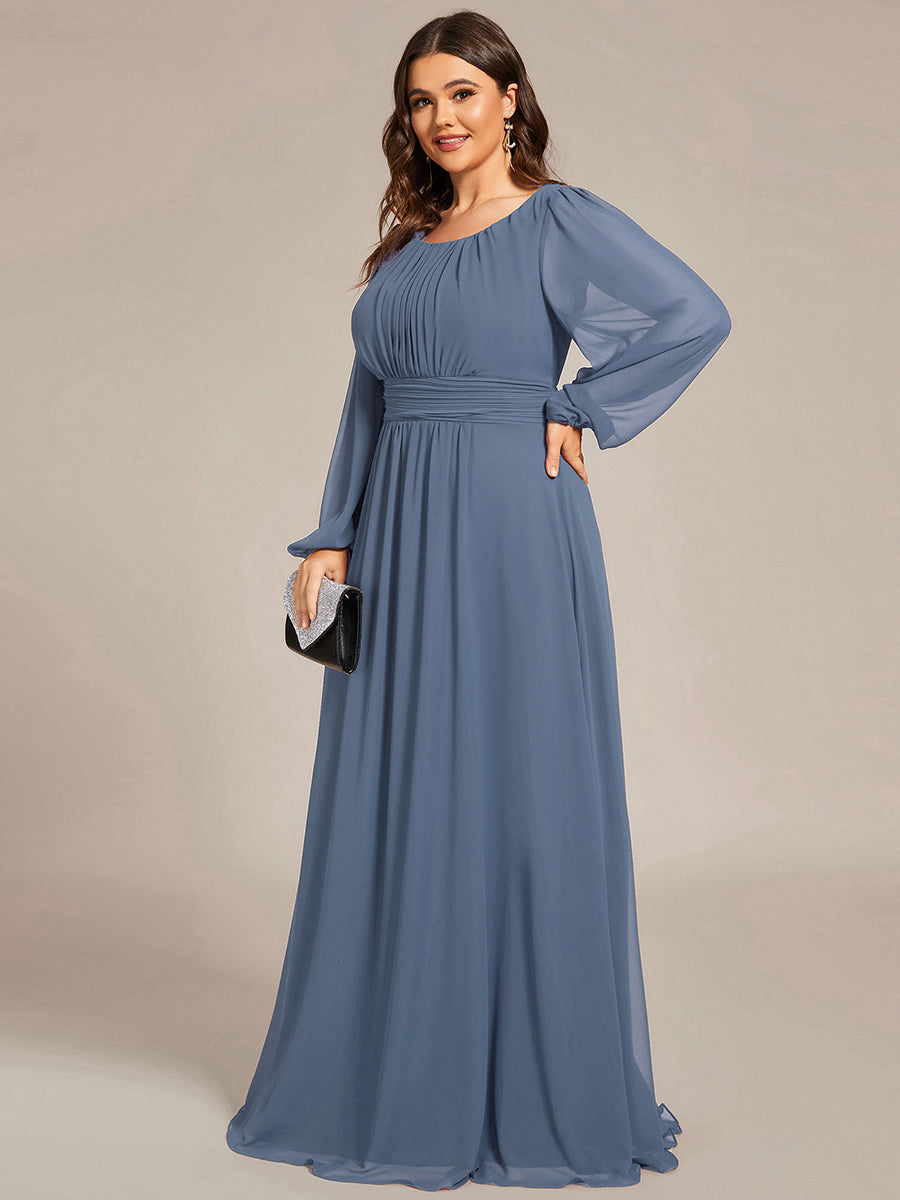 Color=Dusty Navy | Round Neck Wholesale Bridesmaid Dresses with Long Lantern Sleeves-Dusty Navy 4