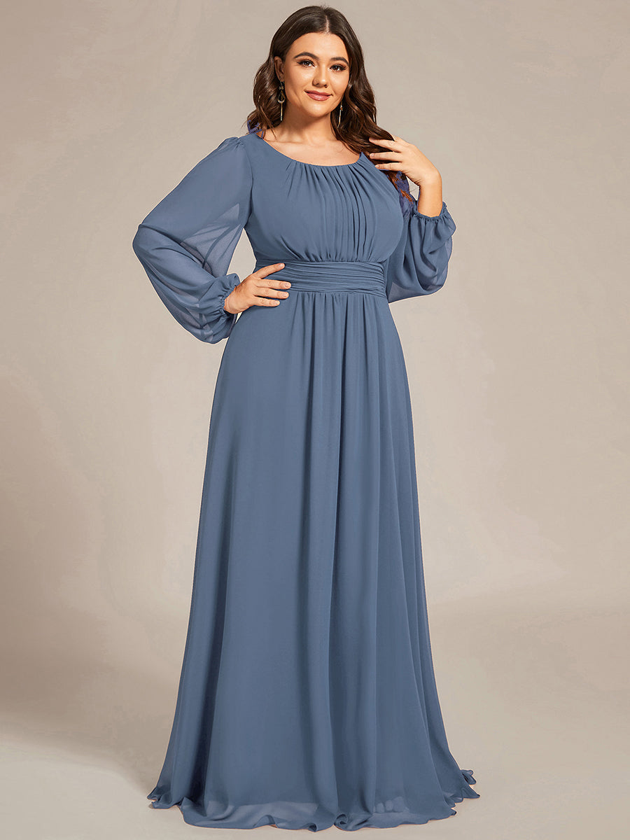 Color=Dusty Navy | Round Neck Wholesale Bridesmaid Dresses with Long Lantern Sleeves-Dusty Navy 2