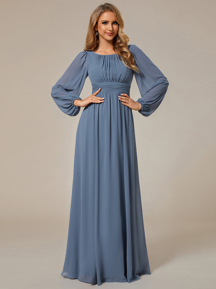 Color=Dusty Navy | Round Neck Wholesale Bridesmaid Dresses with Long Lantern Sleeves-Dusty Navy 1