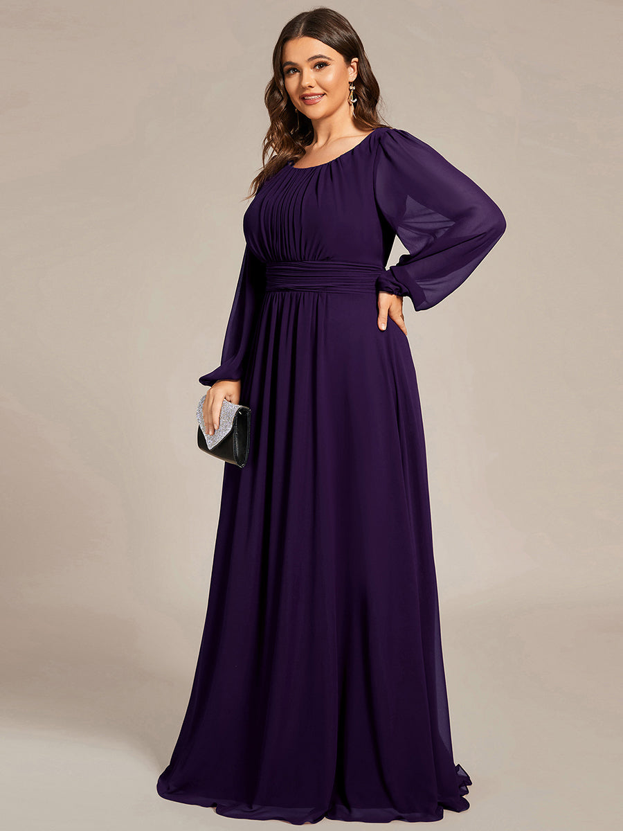 Color=Dark Purple | Round Neck Wholesale Bridesmaid Dresses with Long Lantern Sleeves-Dark Purple 3