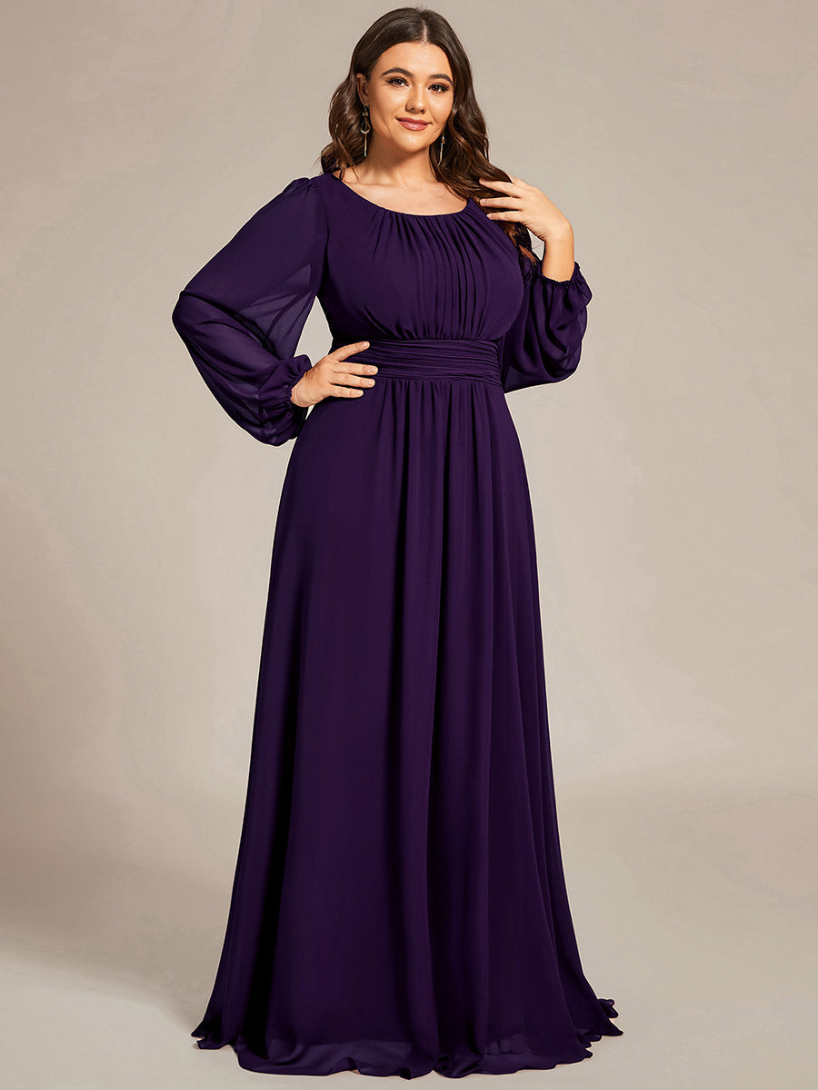 Color=Dark Purple | Round Neck Wholesale Bridesmaid Dresses with Long Lantern Sleeves-Dark Purple 1