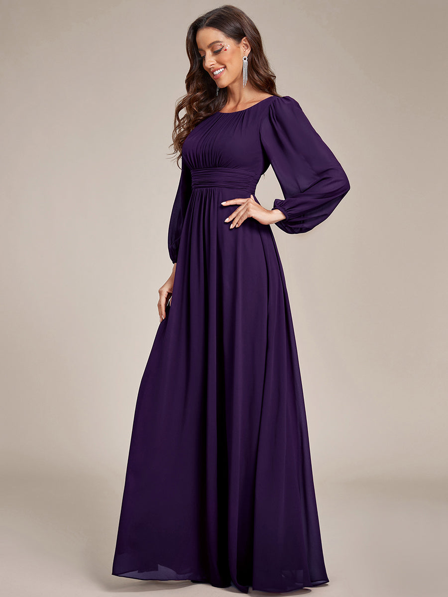 Color=Dark Purple | Round Neck Wholesale Bridesmaid Dresses with Long Lantern Sleeves-Dark Purple 2