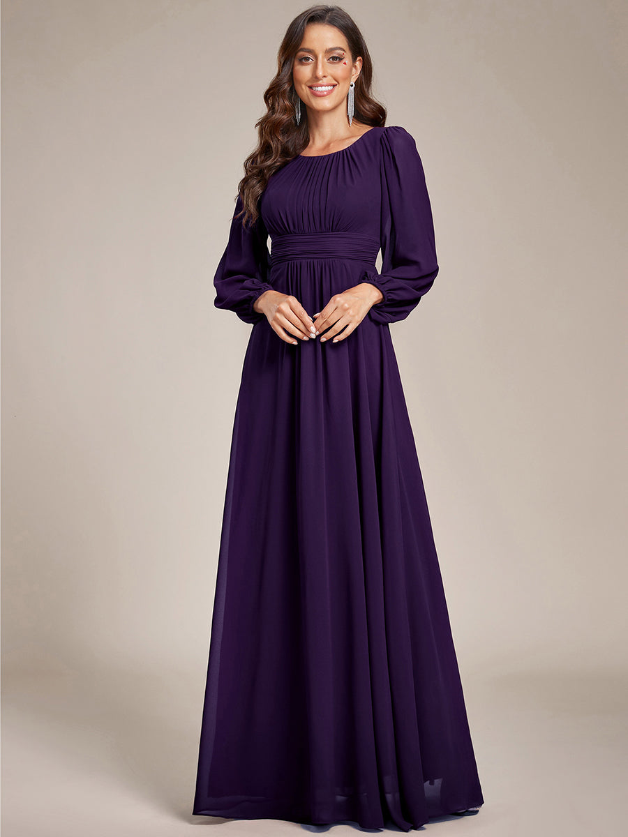 Color=Dark Purple | Round Neck Wholesale Bridesmaid Dresses with Long Lantern Sleeves-Dark Purple 1