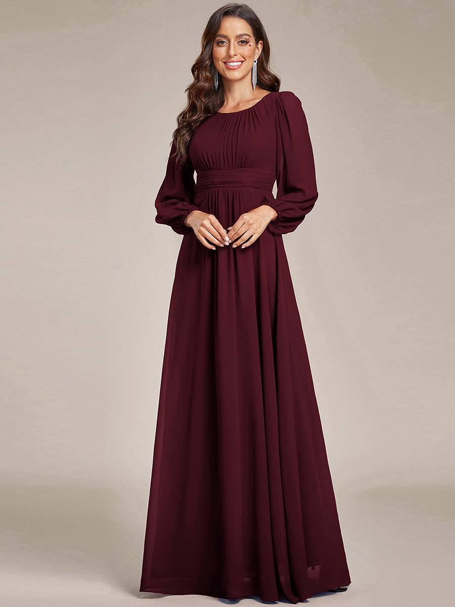 Color=MU | Round Neck Wholesale Bridesmaid Dresses with Long Lantern Sleeves