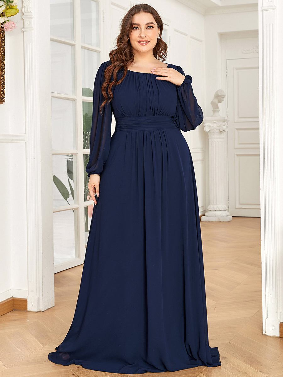 Color=Navy Blue |Custom Round Neck Wholesale Bridesmaid Dresses with Long Lantern Sleeves-Navy Blue 1