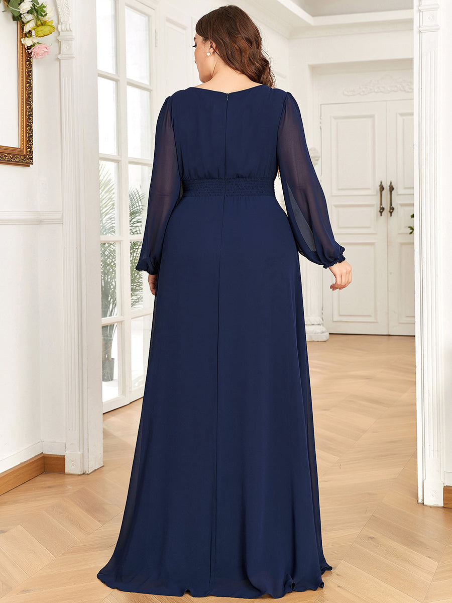 Color=Navy Blue | Round Neck Wholesale Bridesmaid Dresses with Long Lantern Sleeves-Navy Blue 2