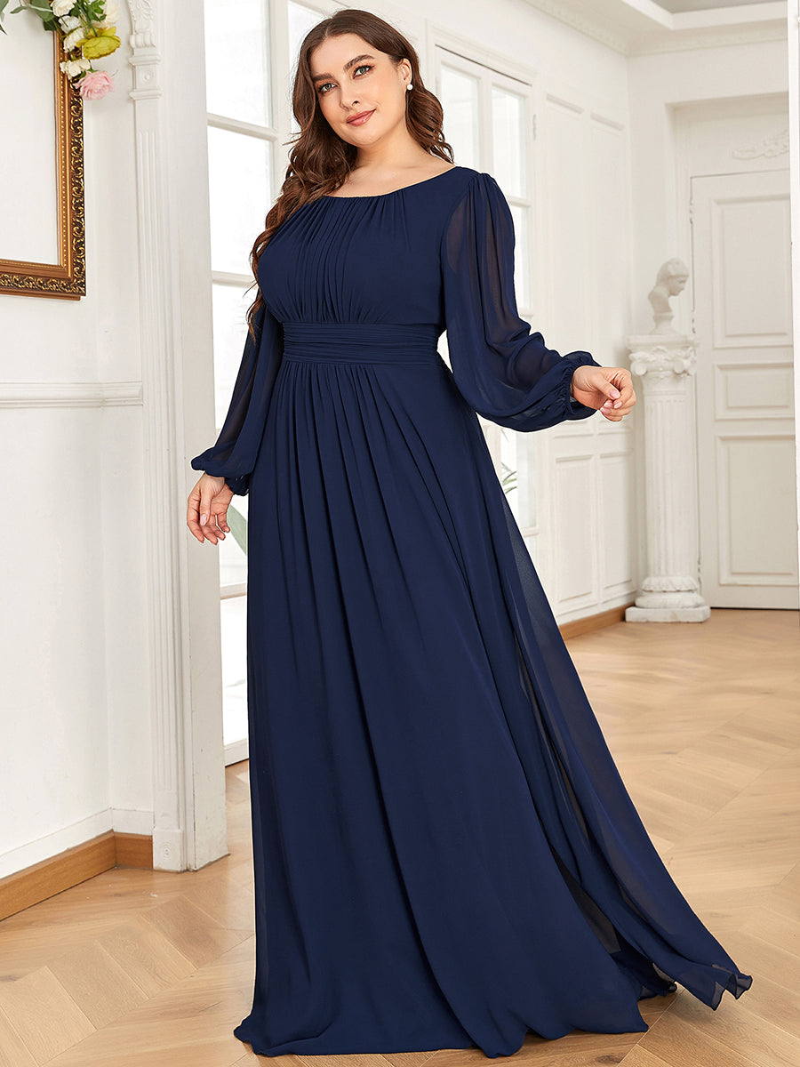 Color=Navy Blue | Round Neck Wholesale Bridesmaid Dresses with Long Lantern Sleeves-Navy Blue 3