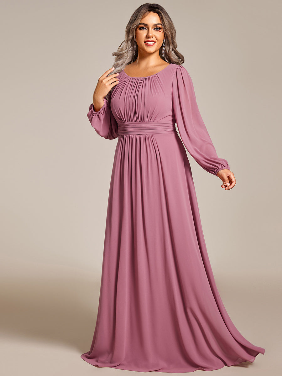 Color=Orchid | Round Neck Wholesale Bridesmaid Dresses with Long Lantern Sleeves-Orchid 1