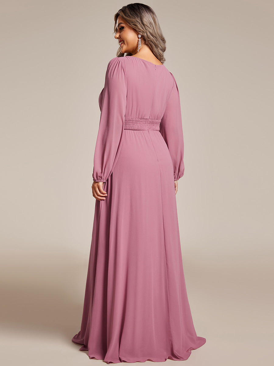 Color=Orchid | Round Neck Wholesale Bridesmaid Dresses with Long Lantern Sleeves-Orchid 2
