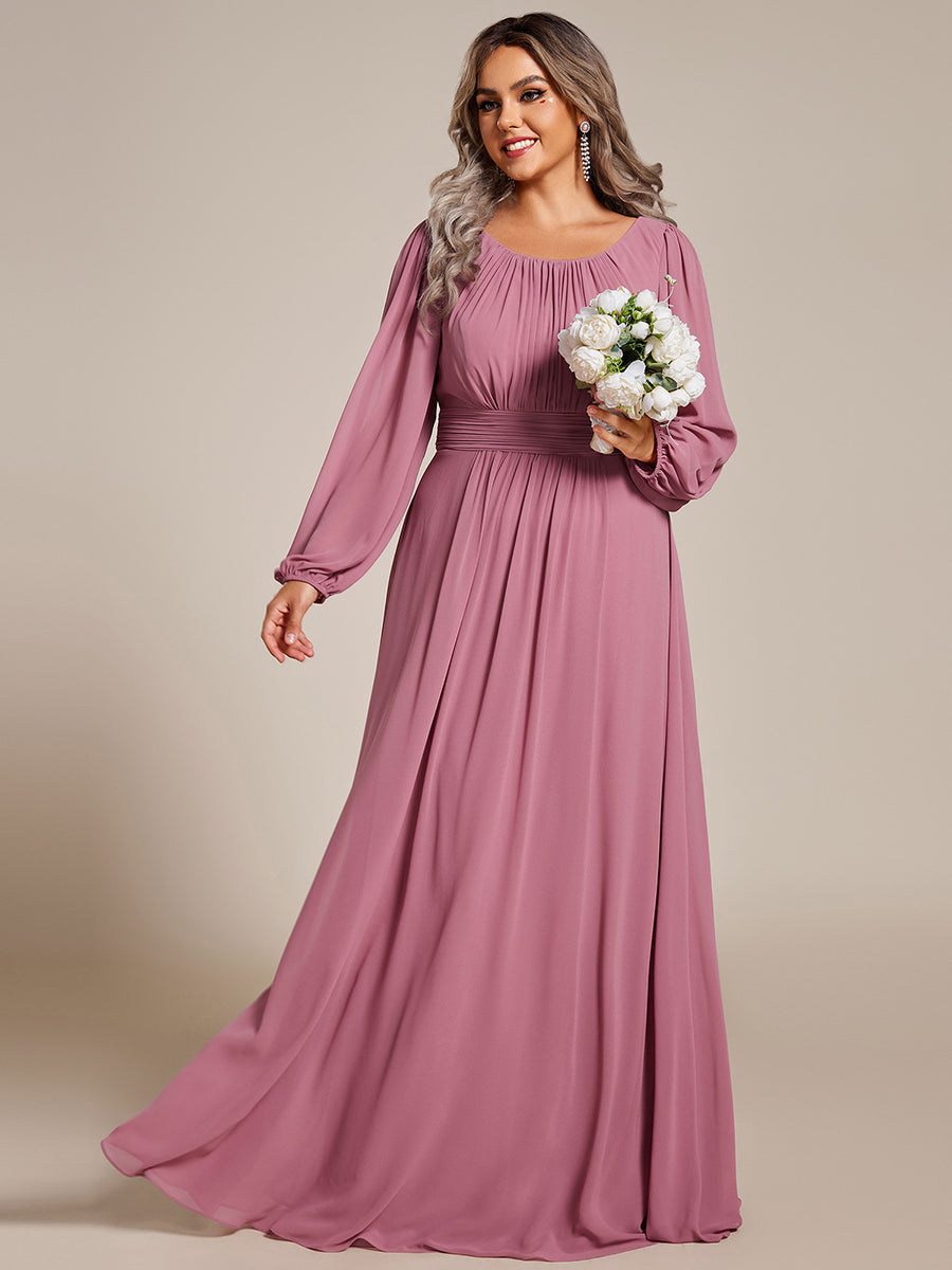 Color=Orchid | Round Neck Wholesale Bridesmaid Dresses with Long Lantern Sleeves-Orchid 4