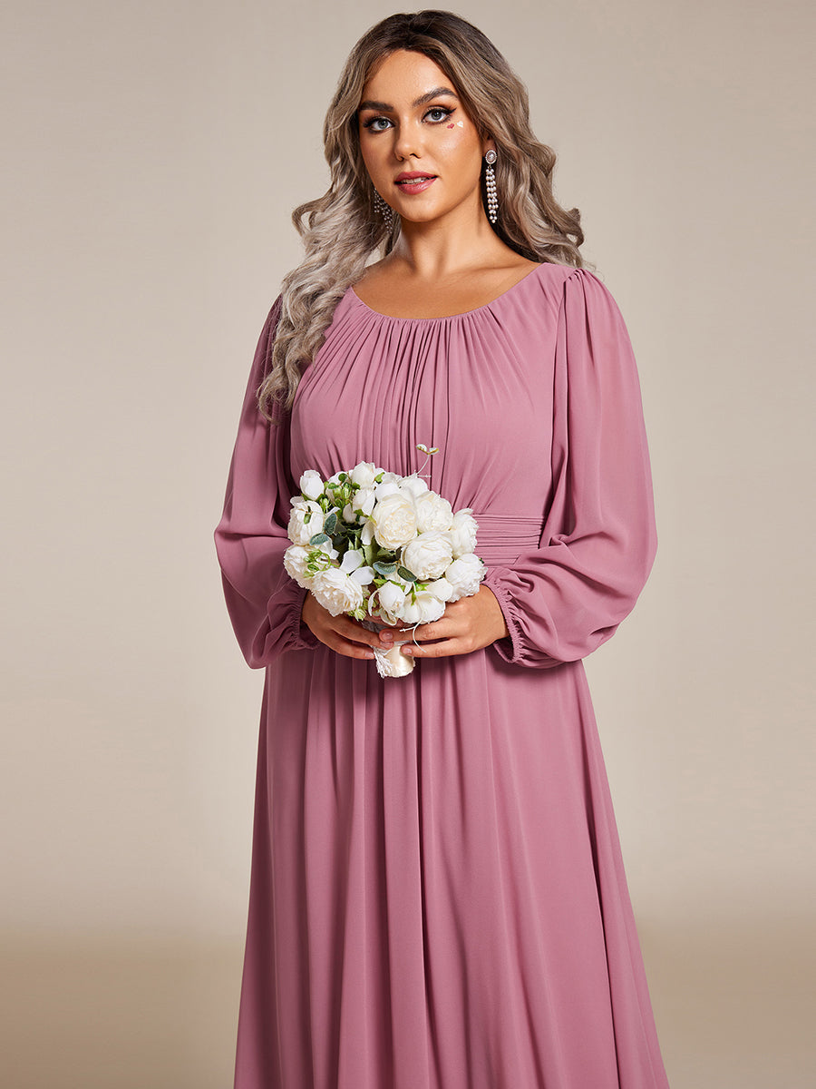 Color=Orchid | Round Neck Wholesale Bridesmaid Dresses with Long Lantern Sleeves-Orchid 5