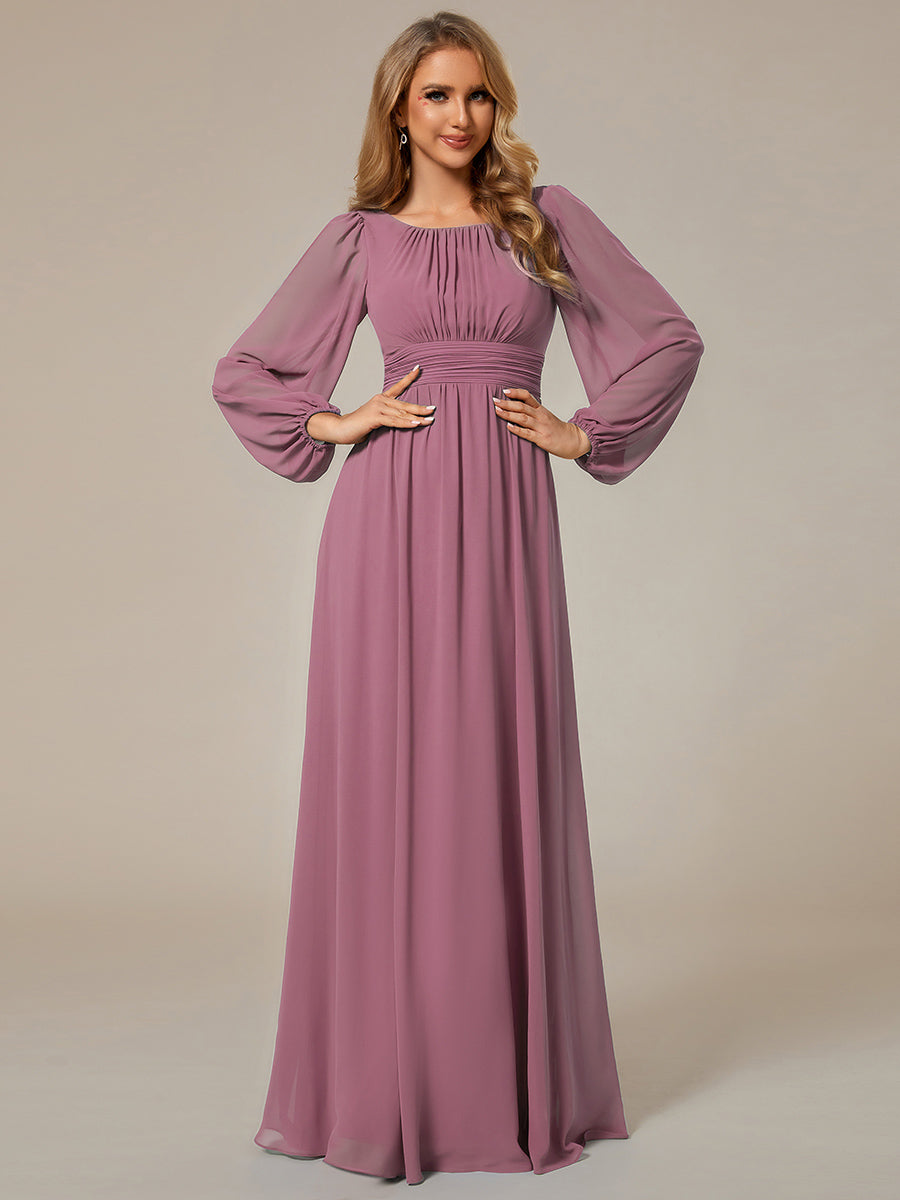 Color=Orchid | Round Neck Wholesale Bridesmaid Dresses with Long Lantern Sleeves-Orchid 5