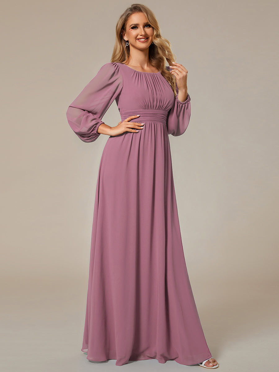 Color=Orchid | Round Neck Wholesale Bridesmaid Dresses with Long Lantern Sleeves-Orchid 1