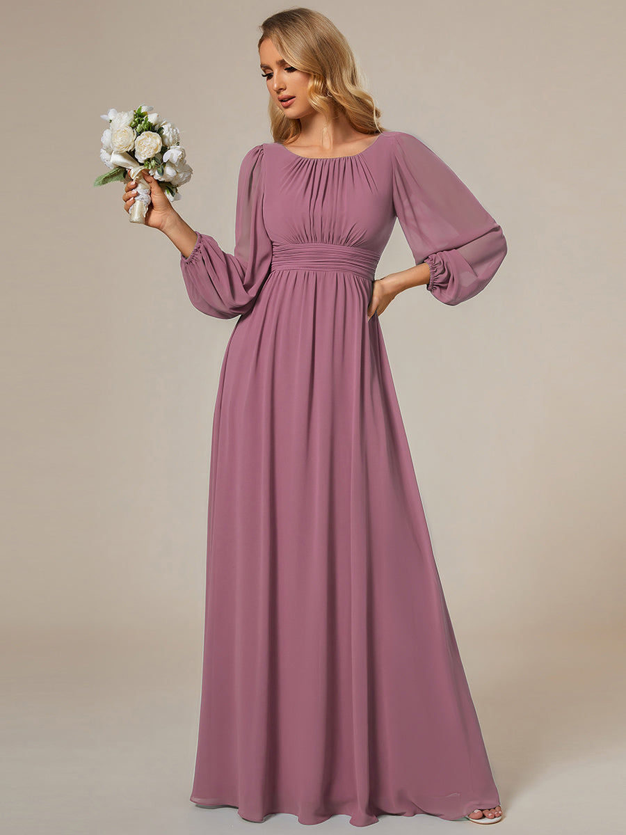 Color=Orchid | Round Neck Wholesale Bridesmaid Dresses with Long Lantern Sleeves-Orchid 2