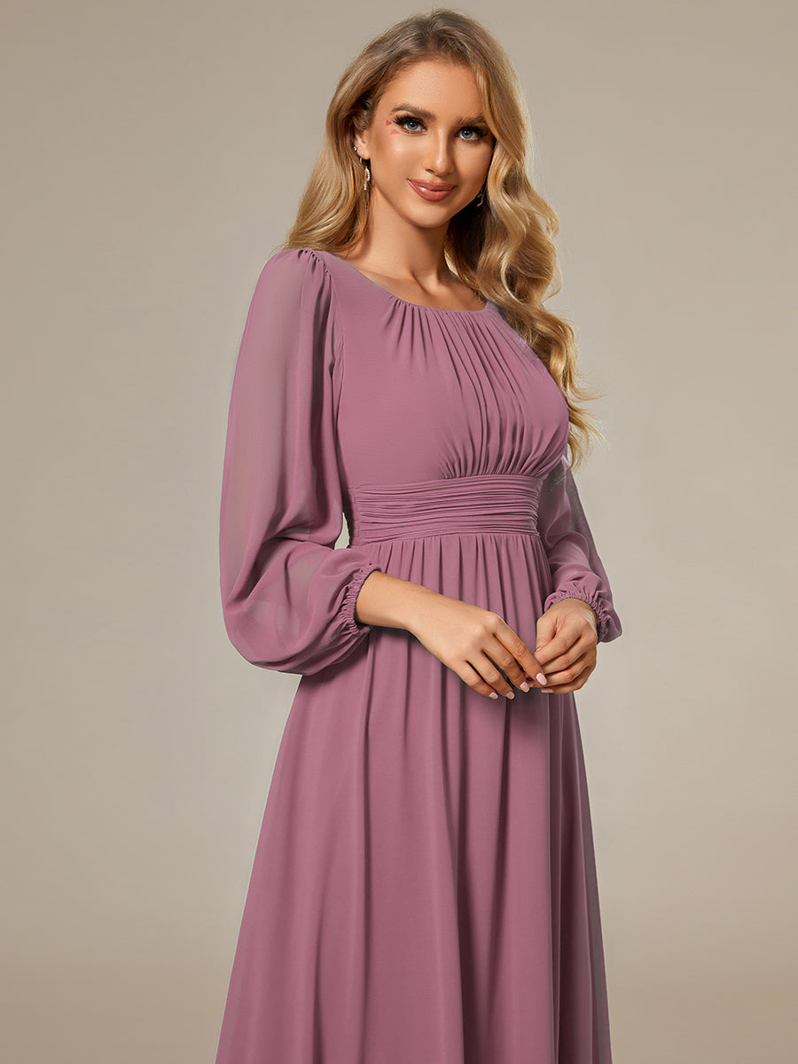 Color=Orchid | Round Neck Wholesale Bridesmaid Dresses with Long Lantern Sleeves-Orchid 3