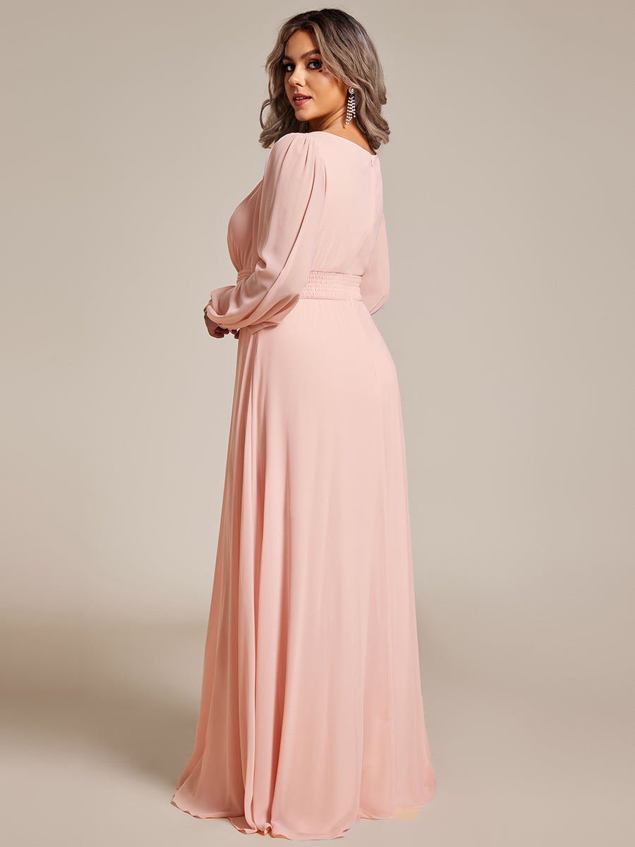 Color=Pink | Round Neck Wholesale Bridesmaid Dresses with Long Lantern Sleeves-Pink 2