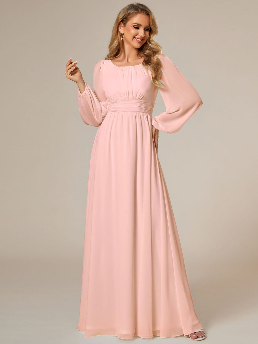Color=Pink | Round Neck Wholesale Bridesmaid Dresses with Long Lantern Sleeves-Pink 4