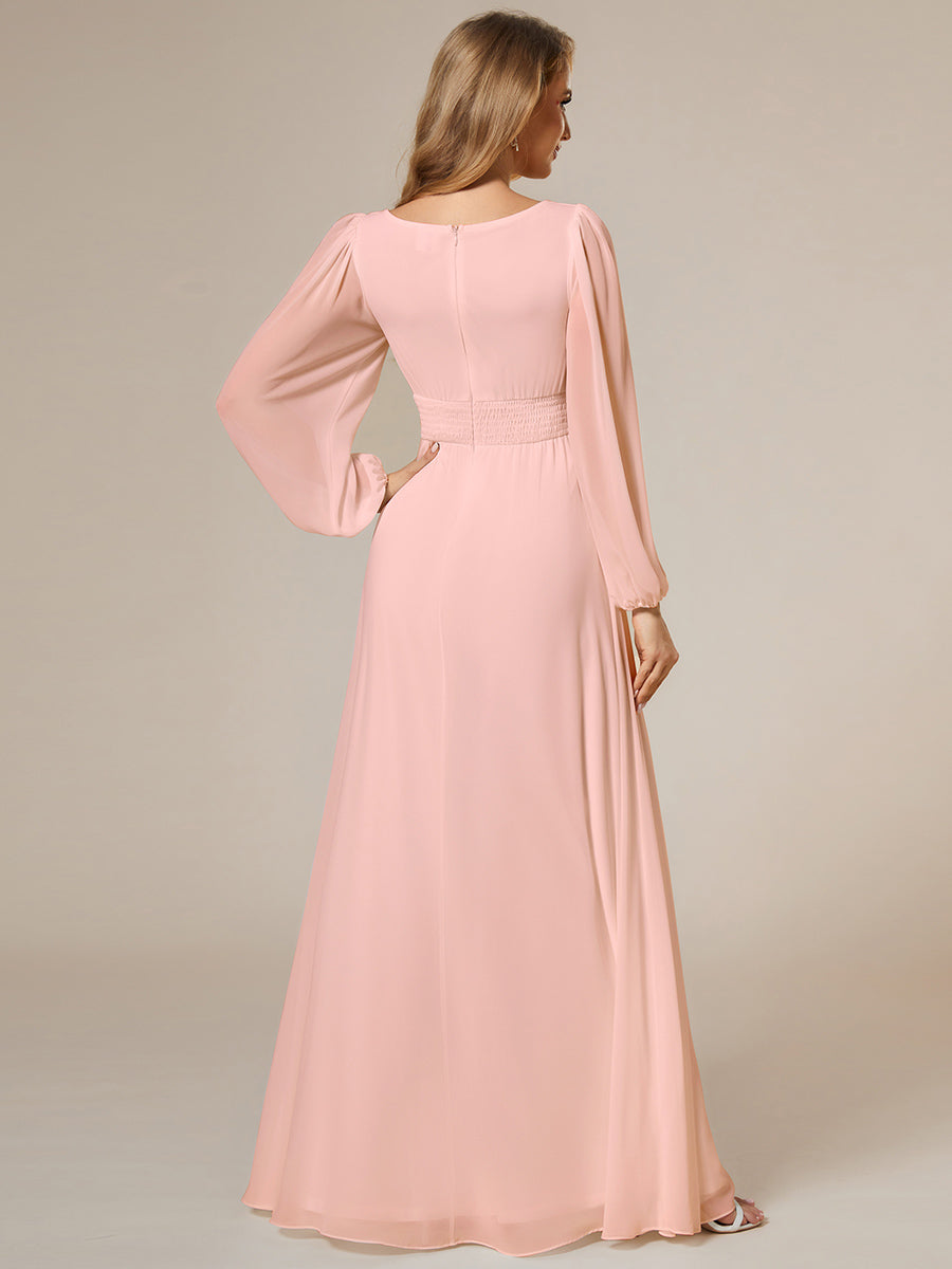 Color=Pink | Round Neck Wholesale Bridesmaid Dresses with Long Lantern Sleeves-Pink 3