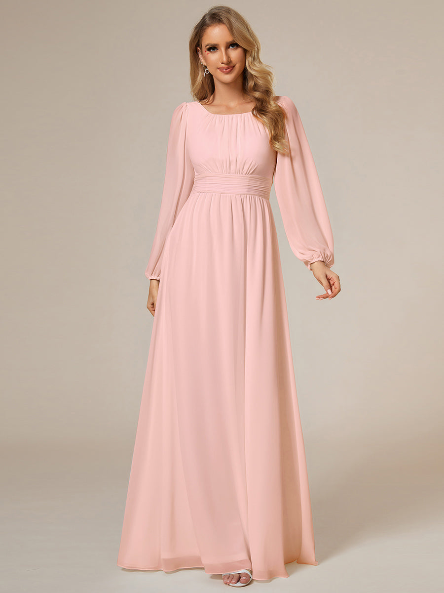 Color=Pink | Round Neck Wholesale Bridesmaid Dresses with Long Lantern Sleeves-Pink 2