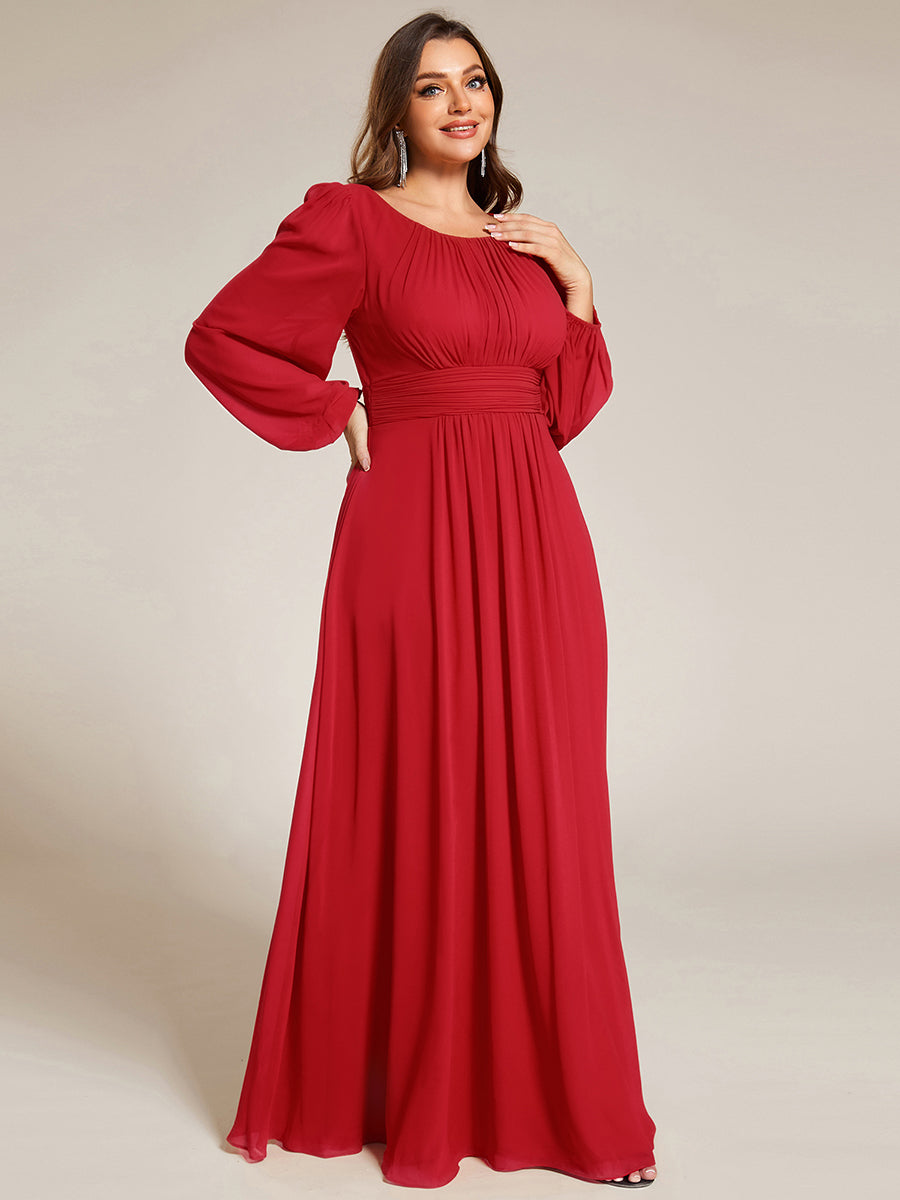 Color=Red | Wholesale Long Sleeve Pleated Round Neck A-Line Floor Length Bridesmaid Dresses-Red 4