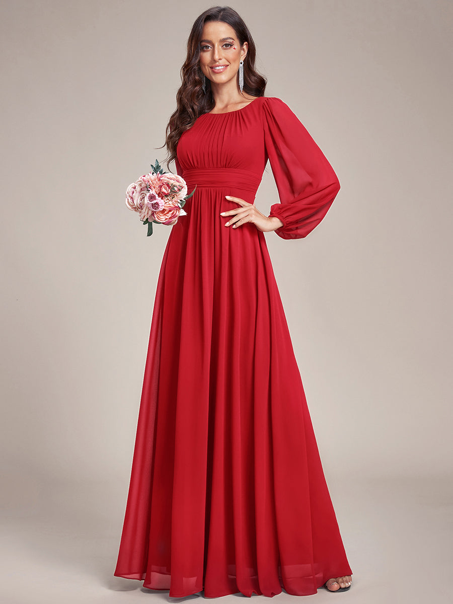 Color=Red | Wholesale Long Sleeve Pleated Round Neck A-Line Floor Length Bridesmaid Dresses-Red 1