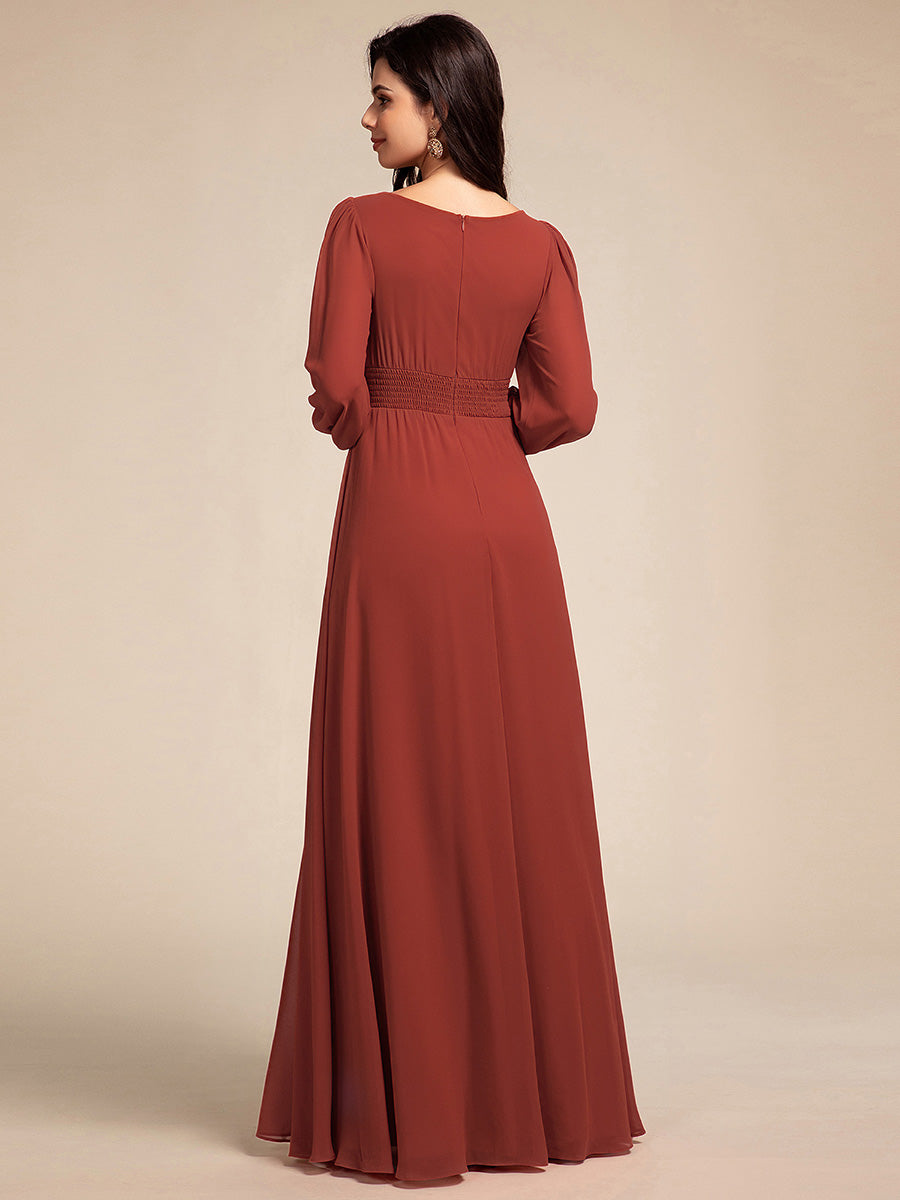 Color=VE | Round Neck Wholesale Bridesmaid Dresses with Long Lantern Sleeves