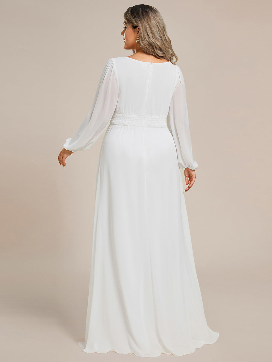 Color=White | Round Neck Wholesale Bridesmaid Dresses with Long Lantern Sleeves-White 4