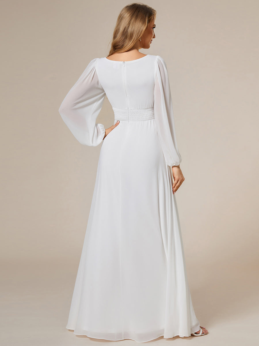 Color=White | Round Neck Wholesale Bridesmaid Dresses with Long Lantern Sleeves-White 2