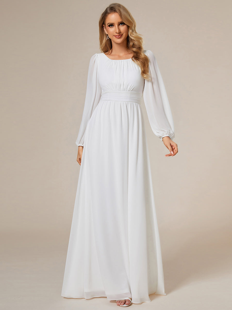 Color=White | Round Neck Wholesale Bridesmaid Dresses with Long Lantern Sleeves-White 3