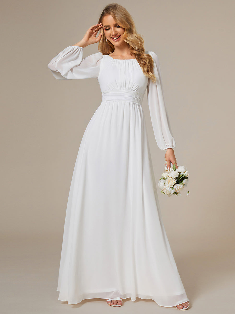Color=White | Round Neck Wholesale Bridesmaid Dresses with Long Lantern Sleeves-White 4
