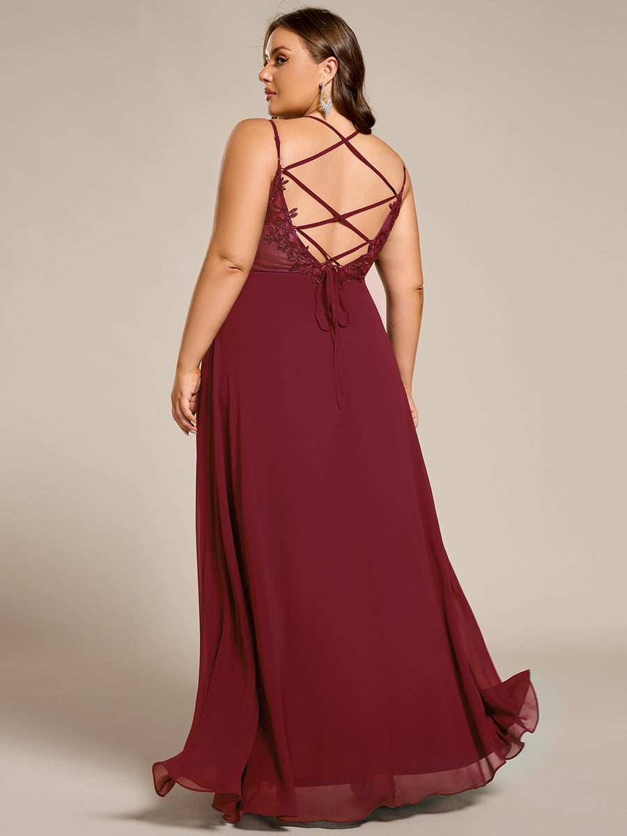 Color=Burgundy | One Stop Shop Plus Size Sleeveless V-Neck Appliques A-Line Floor Length Bridesmaid Dresses-Burgundy 2