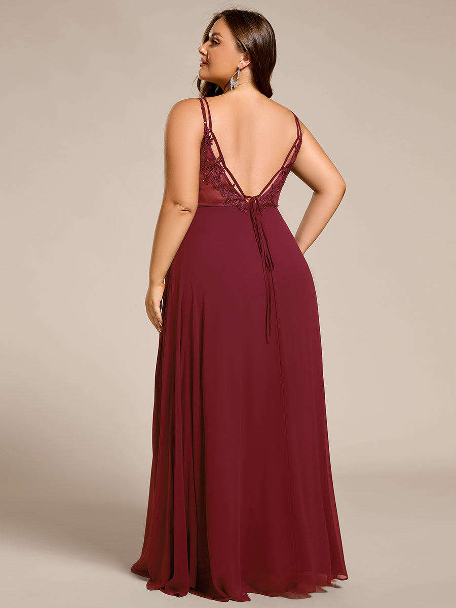 Color=Burgundy | One Stop Shop Plus Size Sleeveless V-Neck Appliques A-Line Floor Length Bridesmaid Dresses-Burgundy 3