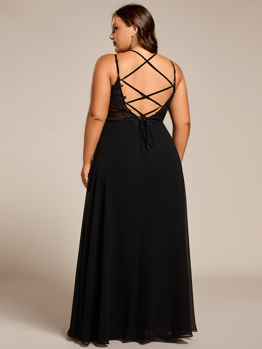 Color=Black | One Stop Shop Plus Size Sleeveless V-Neck Appliques A-Line Floor Length Bridesmaid Dresses-Black 7