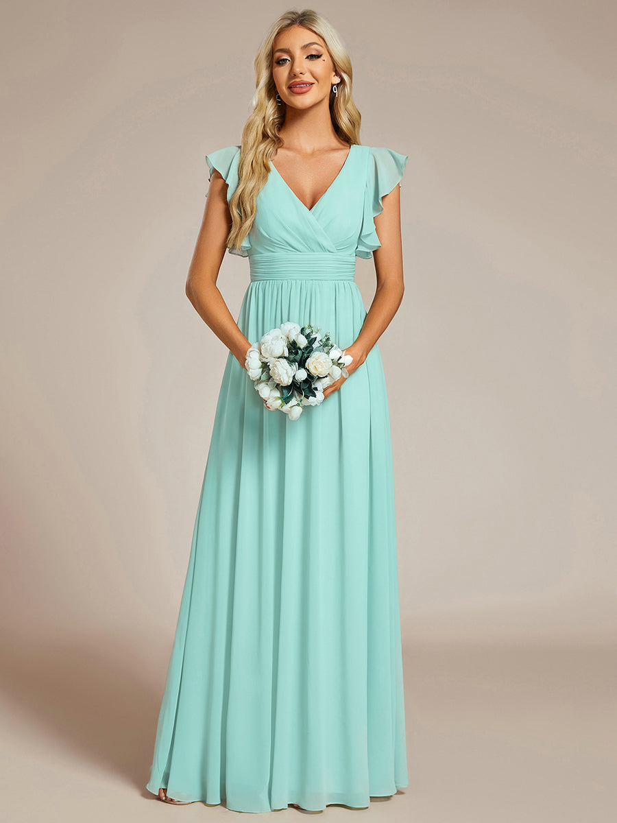 Color=Pastel blue | V Neck Pleated Belted Ruffles Wholesale Bridesmaid Dresses - ES01818 Iterated-Pastel blue 4