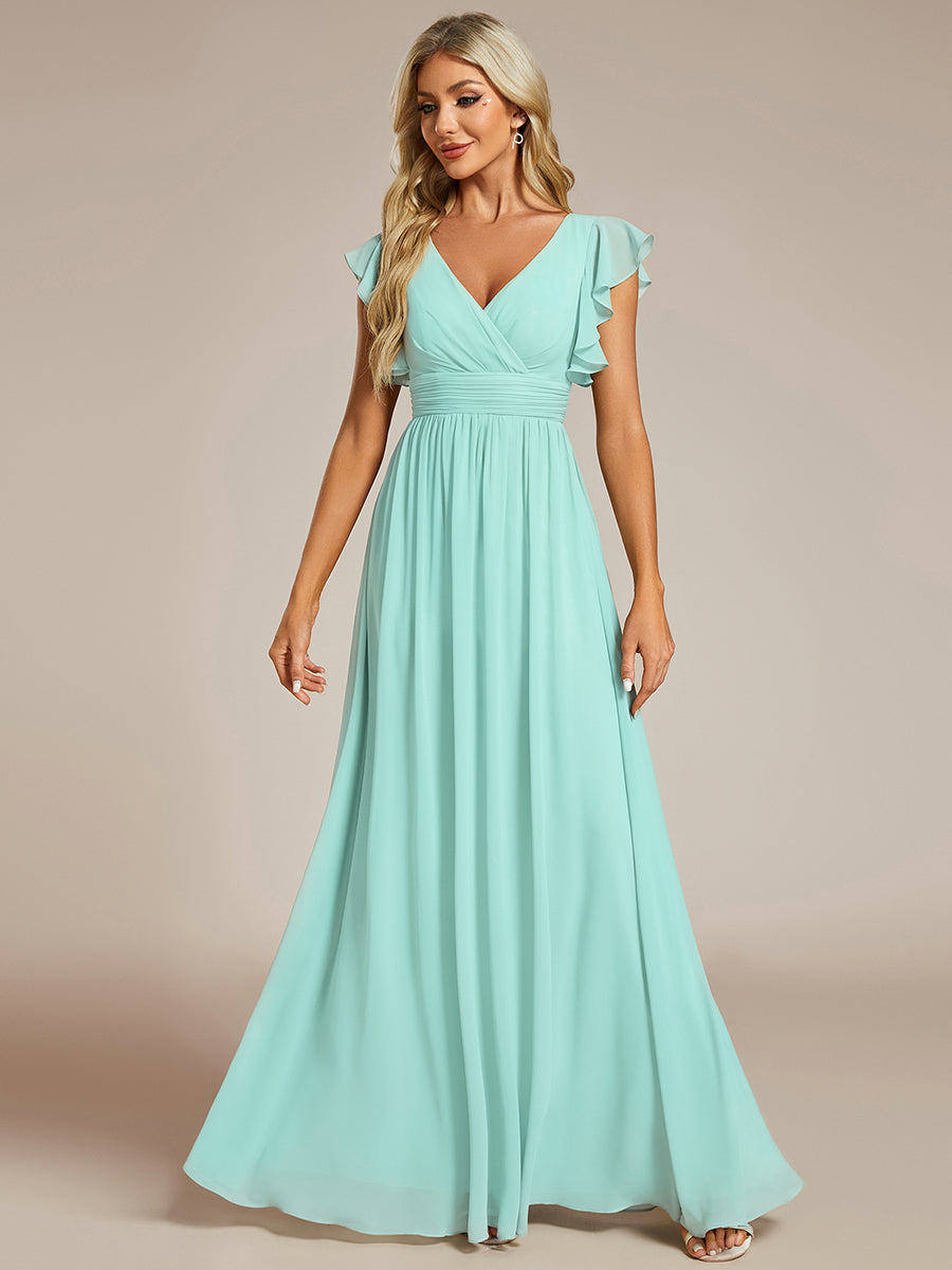 Color=Pastel blue | V Neck Pleated Belted Ruffles Wholesale Bridesmaid Dresses - ES01818 Iterated-Pastel blue 1